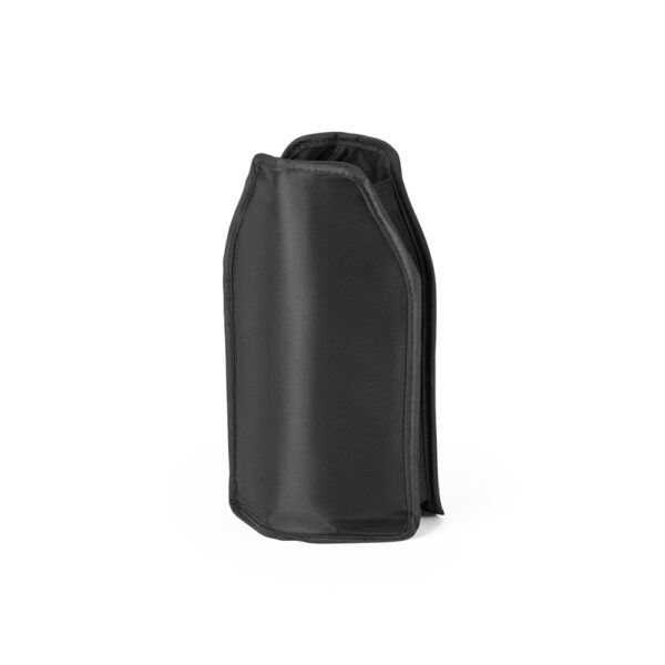 Nylon cooler sleeve with elastic on the sides.