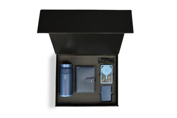 A blue-themed business travel gift