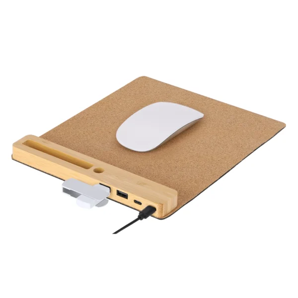 Multi-functional mouse pad made from an amalgamation of bamboo and soft cork. 