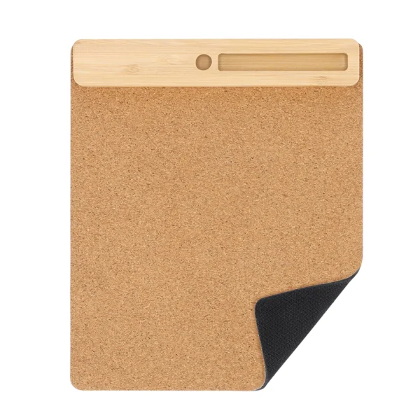 Multi-functional mouse pad made from an amalgamation of bamboo and soft cork. 