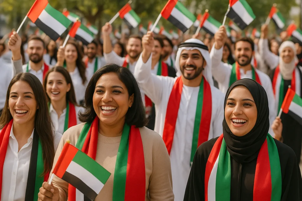 UAE National Day parade, a company gave away scarves in UAE flag colors